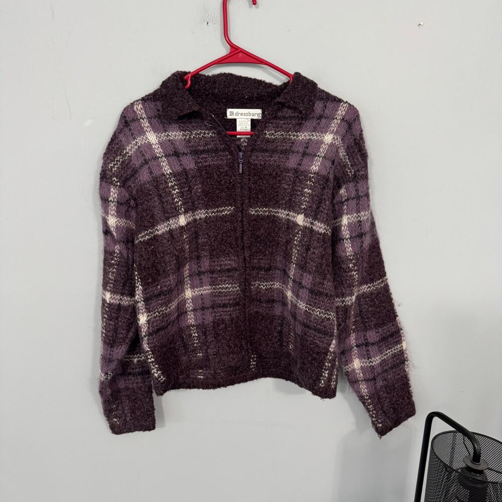 Dressbarn Purple White Plaid Full Zip Sweater Jacket Women's Size Medium Mohair
